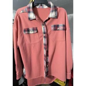 Womens Salmon Plaid Flannel Long Sleeve Button Up Shirt Medium Waffle Top